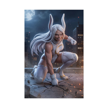 Mirko Poster, My Hero Academia Art Print – Anime Heroine Wall Art showing dynamic crouching Mirko character in white costume against city night background
