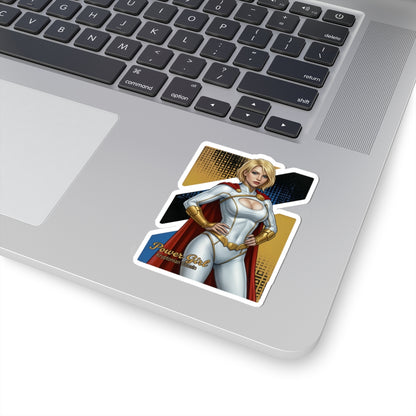 Power Girl Sticker – Comic Heroine Vinyl Sticker for Laptops & Indoor Decor on silver laptop showing bold comic-style heroine vinyl sticker with glossy finish