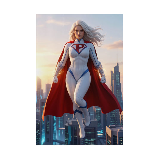Power Girl Poster, DC Comics Wall Art Print – Heroine Decor featuring flying heroine in white suit with red cape over city skyline