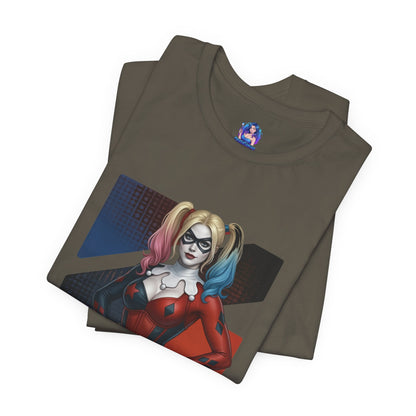 Harley Quinn T-Shirt | DC Comics Anime Tee for Gamers & Comic Fans featuring anime-style Harley Quinn print on folded Bella Canvas tee
