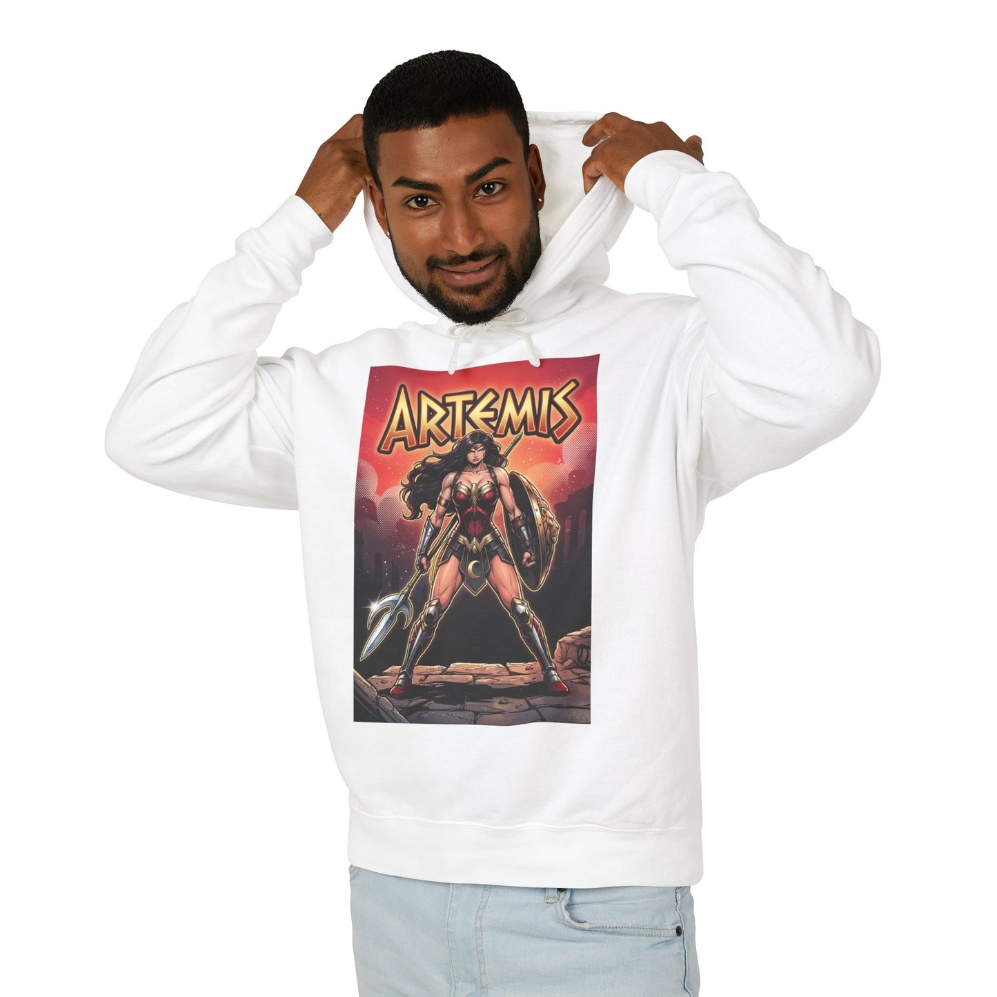 Artemis Hoodie | DC Superhero Hoodie | Amazon Battle Queen Pullover - white pullover with Artemis warrior graphic worn by smiling man