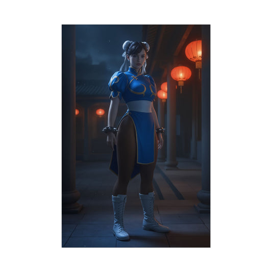 Chun-Li Poster, Street Fighter Art Print – Iconic Fighting Game Heroine standing in lantern-lit courtyard, ultra-high resolution semi-glossy art print