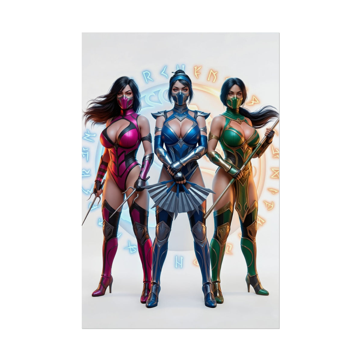 Kitana Jade Mileena Poster, Mortal Kombat Art Print  Iconic Fighter Trio: bold trio wall art for gamer rooms and collectors