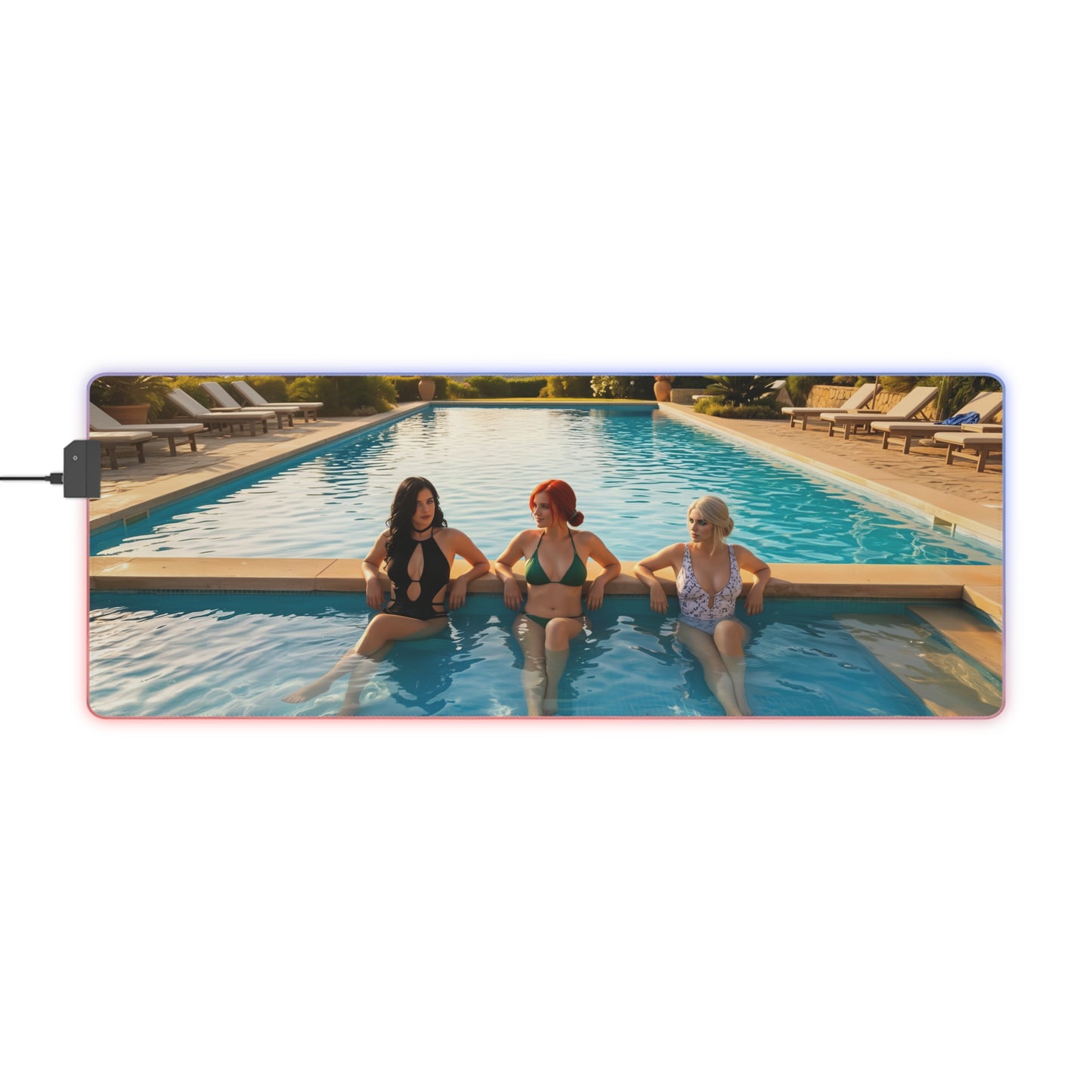 Ciri, Triss Merigold & Yennefer Desk Mat – LED RGB Pad featuring trio poolside artwork with RGB glow