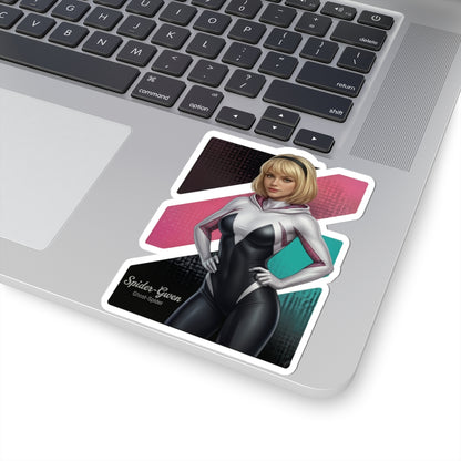 Spider-Gwen Sticker – Superhero Vinyl Sticker for Laptops & Indoor Decor shown on a laptop corner, glossy durable vinyl with vibrant colors and crisp detail