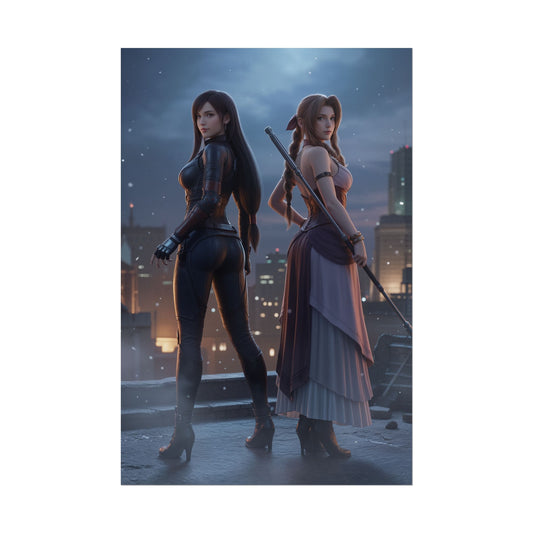 Tifa and Aerith Poster, Final Fantasy Art Print – Duo Wall Art showing Tifa in combat suit and Aerith with staff on a rooftop at night