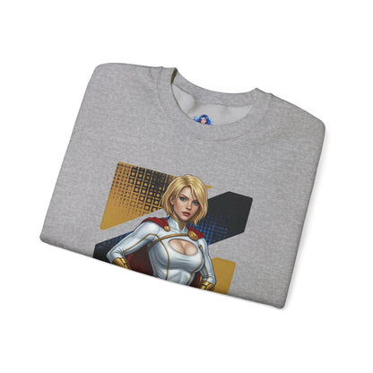 Alt Tag: Power Girl Sweatshirt, DC Comics Crewneck, Bold Superhero Apparel for Fans - gray crewneck with bold Power Girl artwork