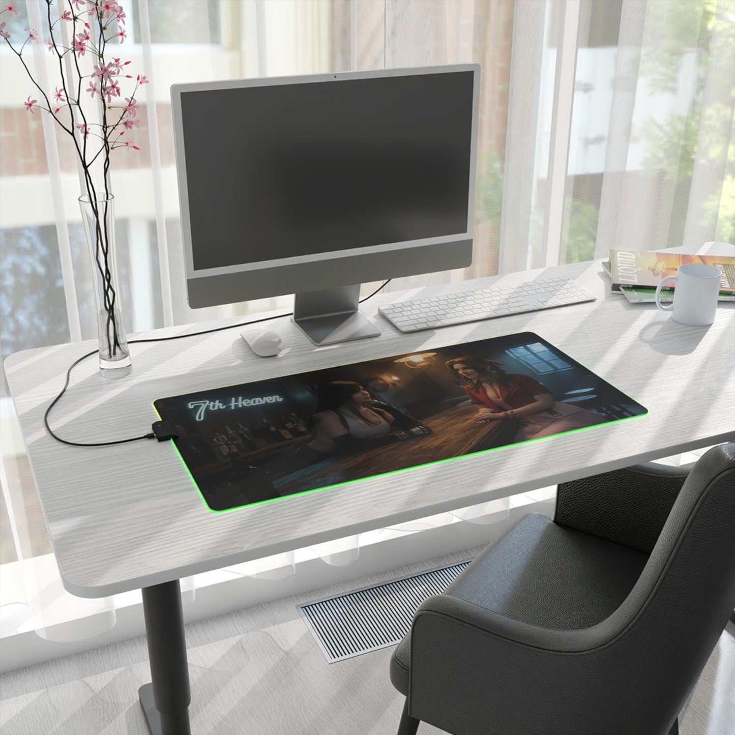 Tifa Lockhart & Aerith Gainsborough Desk Mat – LED RGB Pad on modern white desk with monitor, keyboard, and green RGB lighting