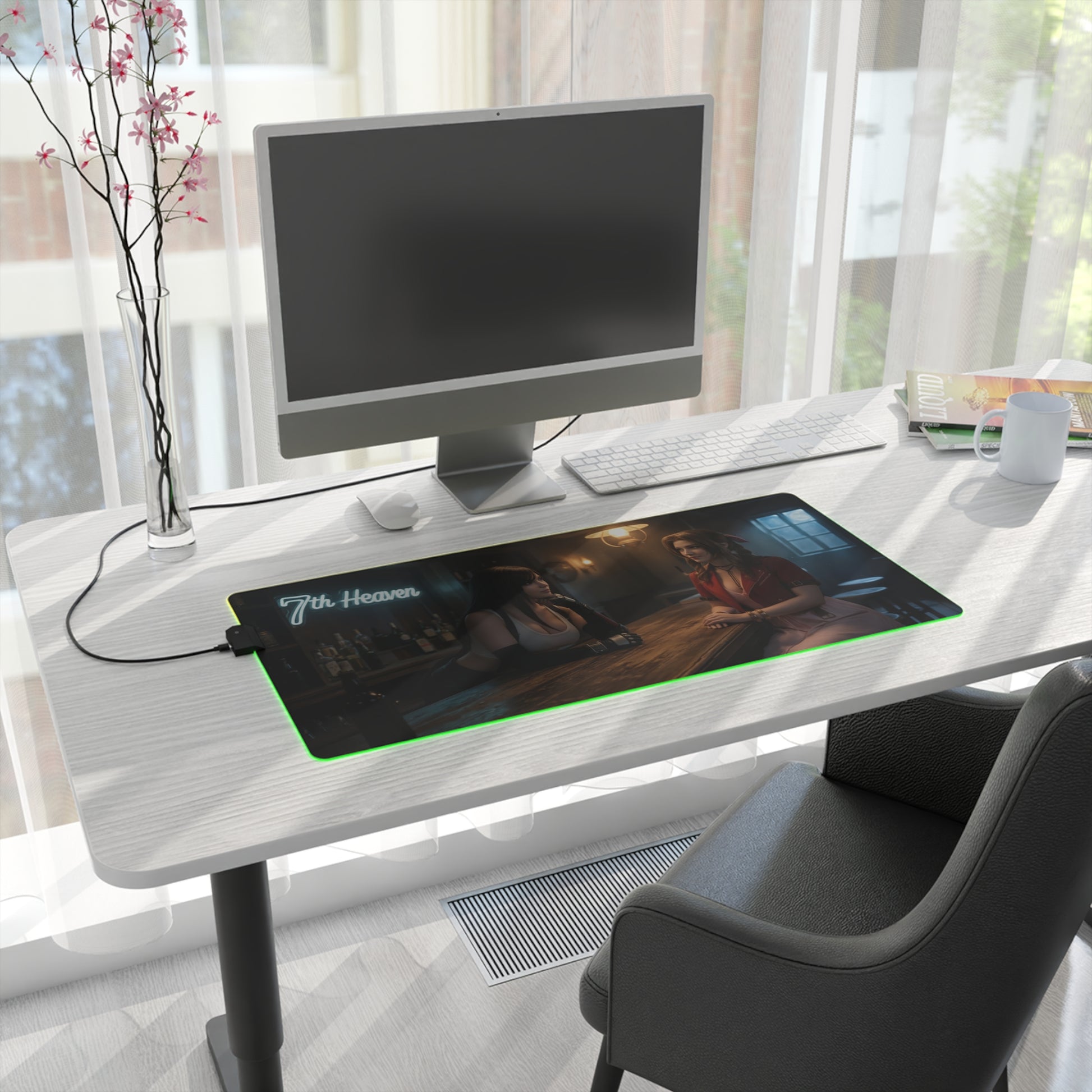 Tifa Lockhart & Aerith Gainsborough Desk Mat – LED RGB Pad on modern white desk with monitor, keyboard, and green RGB lighting