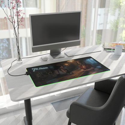Tifa Lockhart & Aerith Gainsborough Desk Mat – LED RGB Pad on modern white desk with monitor, keyboard, and green RGB lighting
