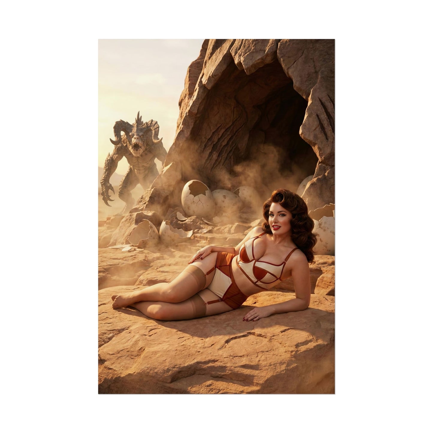 Fallout Fantasy Woman Poster / Fallout Fantasy Wall Art / Fallout Fantasy Art Print / Fallout Poster - pinup woman reclining in desert with dragon creature