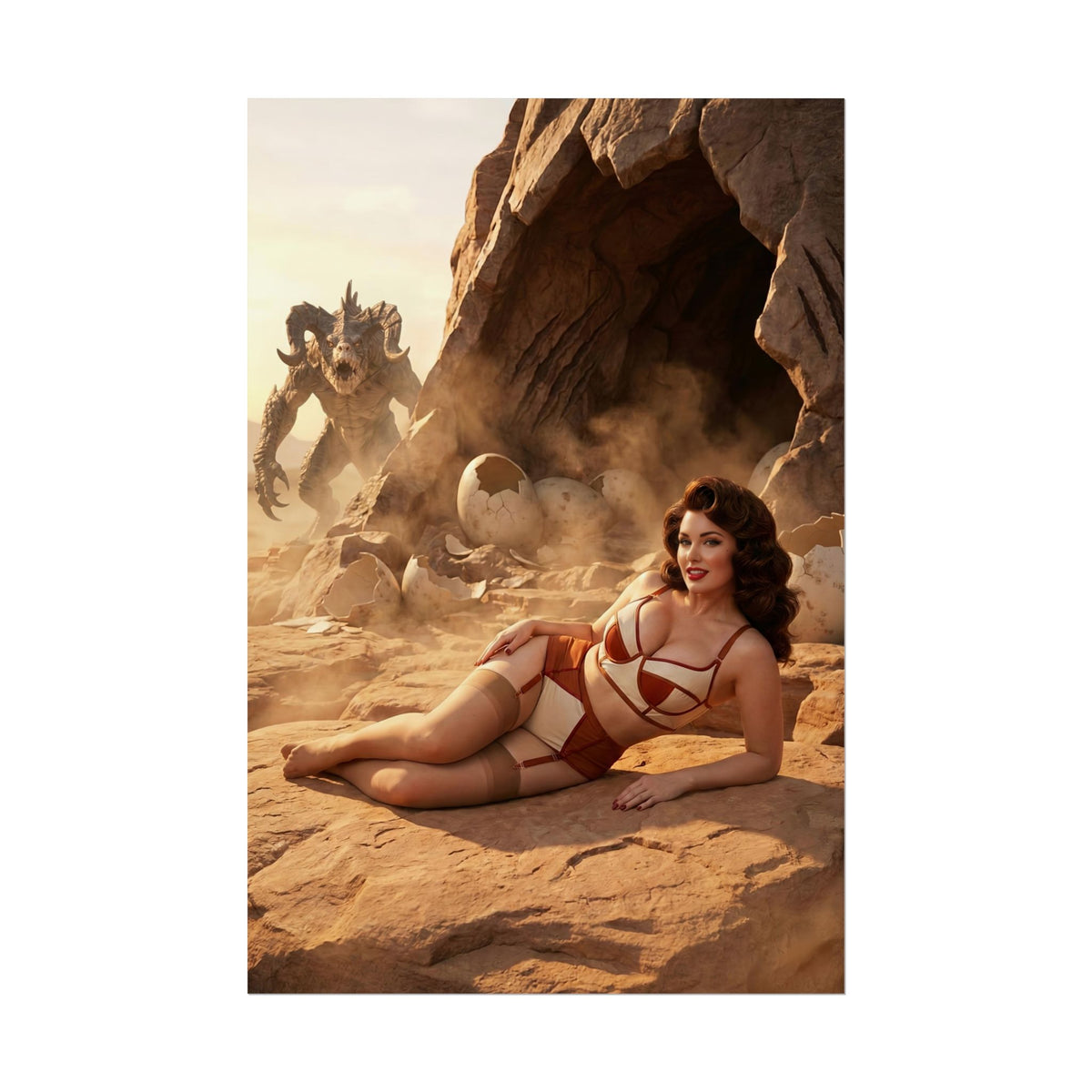 Fallout Fantasy Woman Poster / Fallout Fantasy Wall Art / Fallout Fantasy Art Print / Fallout Poster - pinup woman reclining in desert with dragon creature