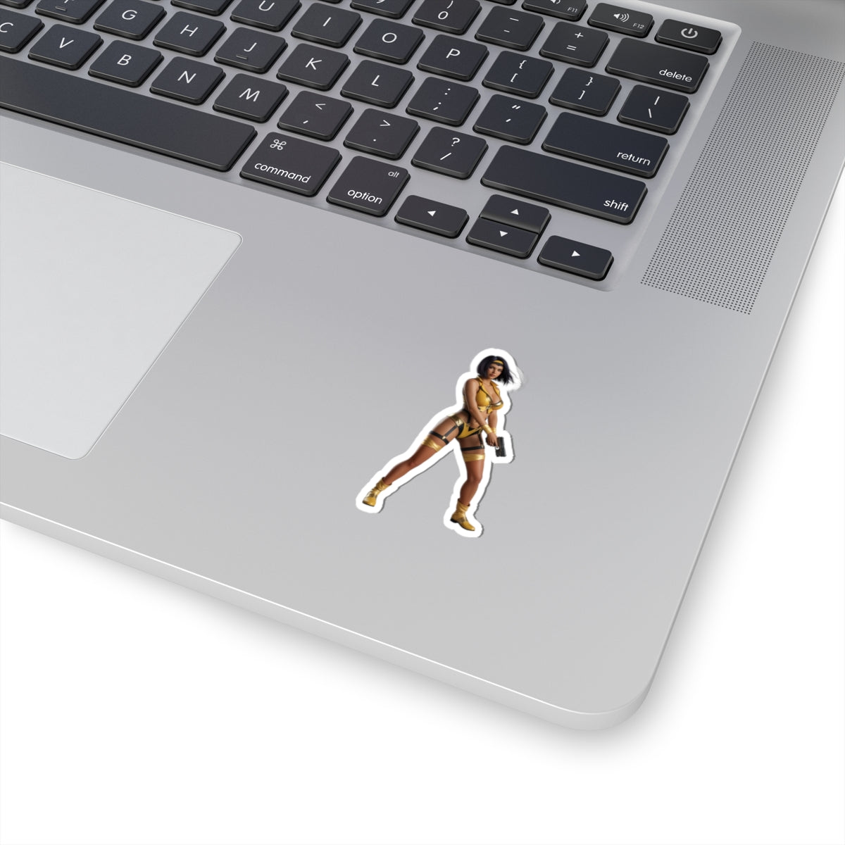 Faye Valentine Sticker – Anime Vinyl Sticker for Laptops & Indoor Decor on silver laptop showing glossy durable vinyl, crisp detail and secure adhesive