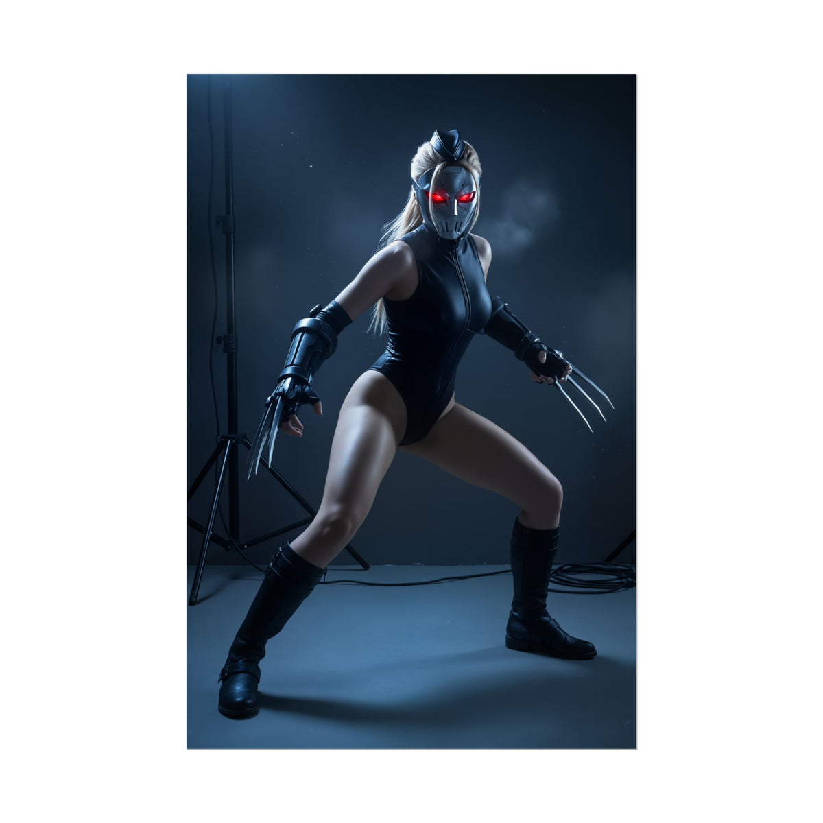 Decapre Poster, Street Fighter Art Print  Iconic Fighting Game Heroine in dark studio pose with glowing red eyes and clawed gauntlets
