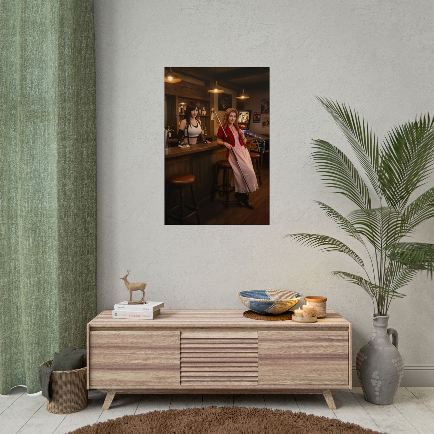 Tifa and Aerith Poster, Final Fantasy Art Print – Classic RPG Heroines showcasing Tifa and Aerith in a vintage bar scene, ultra-high resolution print