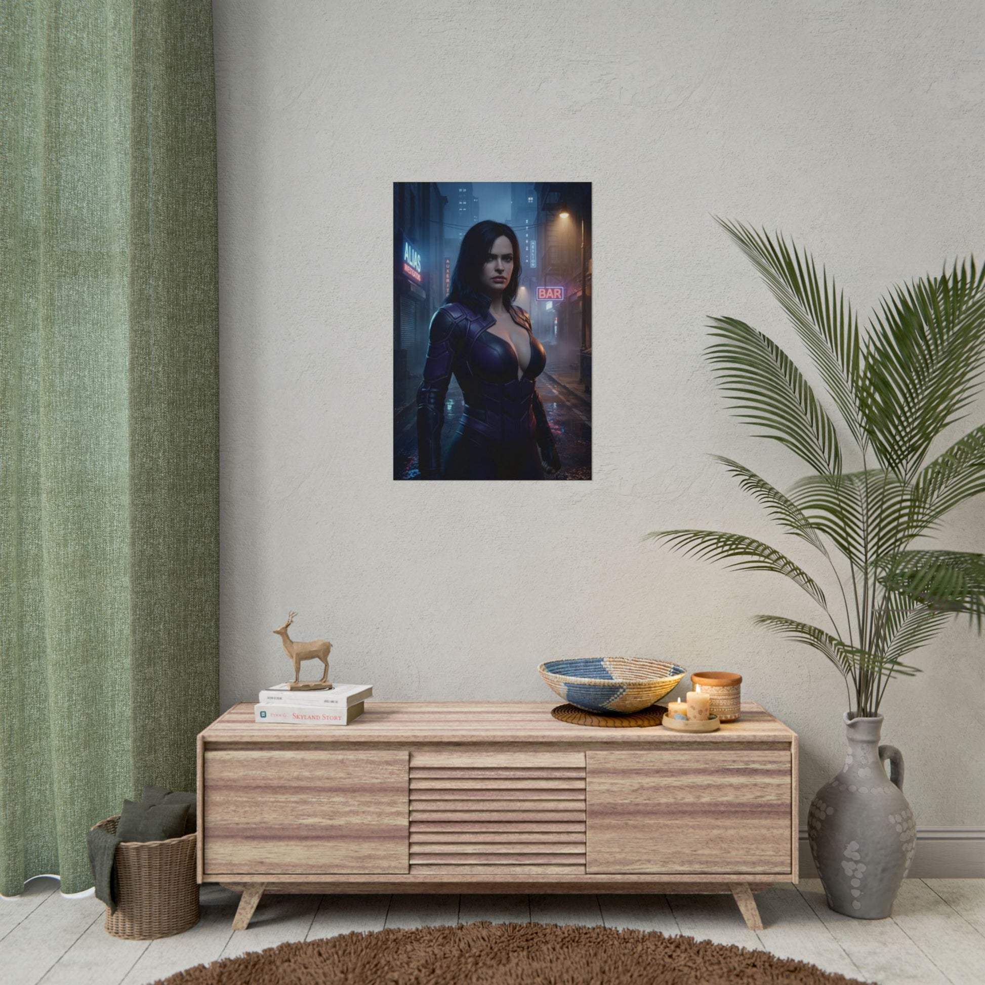 Jessica Jones Poster, Marvel Wall Art Print – Dark Hero Decor hanging in modern media room with moody neon lighting