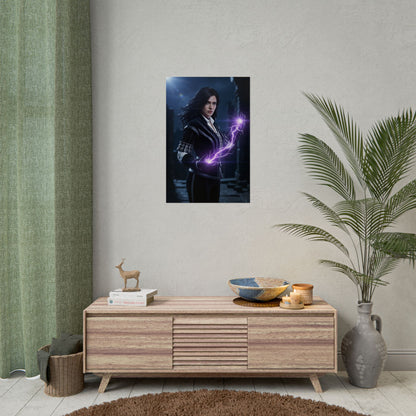 Yennefer Poster, The Witcher Art Print – Iconic Sorceress Wall Art showcasing Yennefer casting purple magic over a modern gamer room display