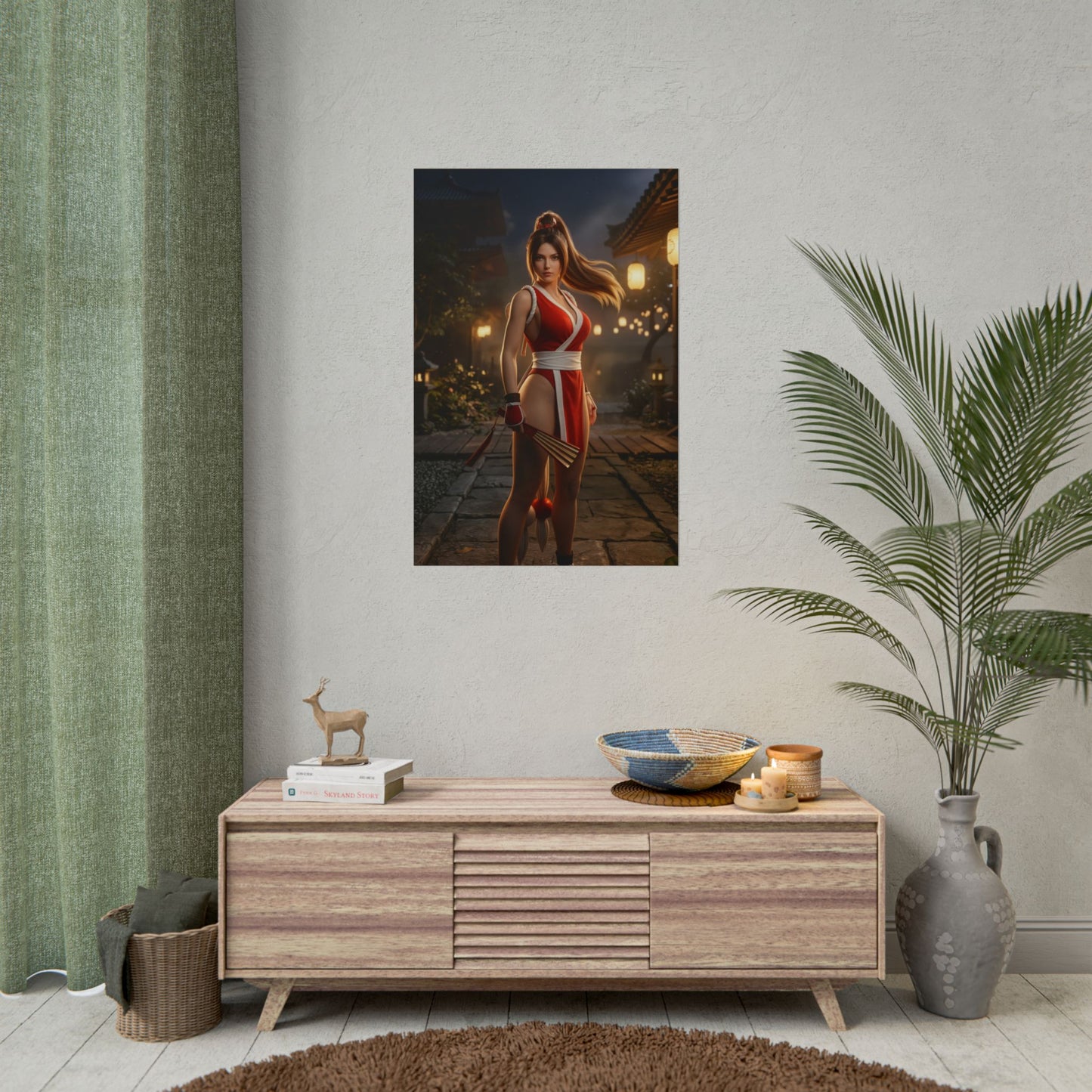 Mai Shiranui Poster Fatal Fury Wall Art Print Gaming Room Decor featuring Mai Shiranui in warm lantern-lit traditional setting with fan and cinematic focus
