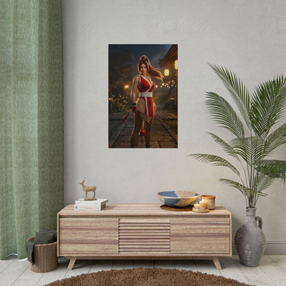 Mai Shiranui Poster Fatal Fury Wall Art Print Gaming Room Decor featuring Mai Shiranui in warm lantern-lit traditional setting with fan and cinematic focus