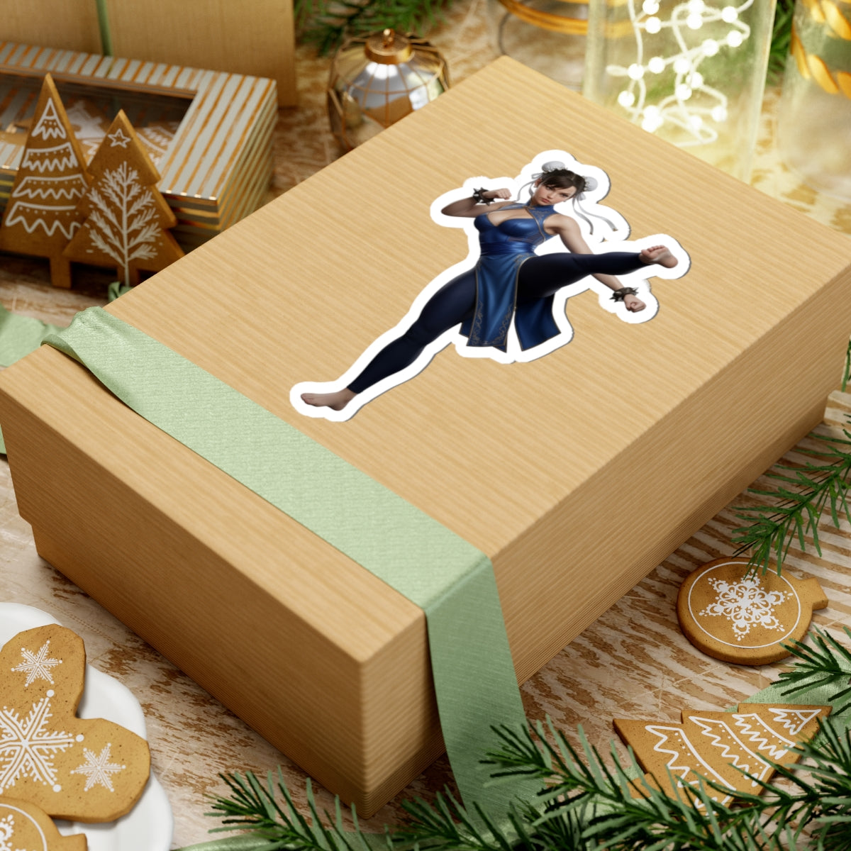 Chun-Li Sticker – Street Fighter Vinyl Sticker for Laptops & Indoor Decor on gift box, glossy vinyl decal of Chun-Li on a wrapped present