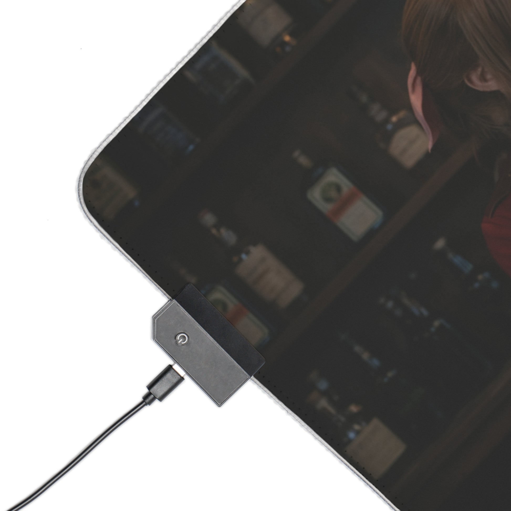 Tifa Lockhart, Aerith Gainsborough & Yuffie Kisaragi Desk Mat – LED RGB Pad showing corner USB LED controller on precision-cloth surface