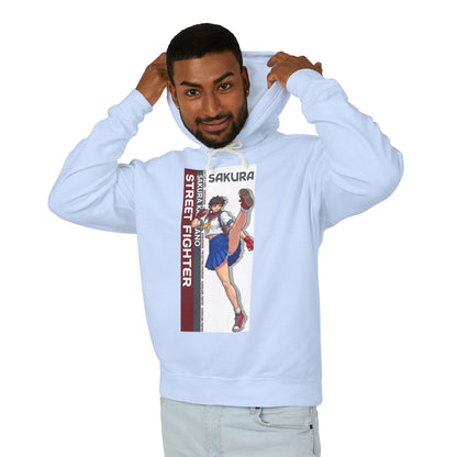 Sakura Hoodie | Street Fighter Hoodie | Anime Martial Artist Pullover - light blue pullover with energetic Sakura art