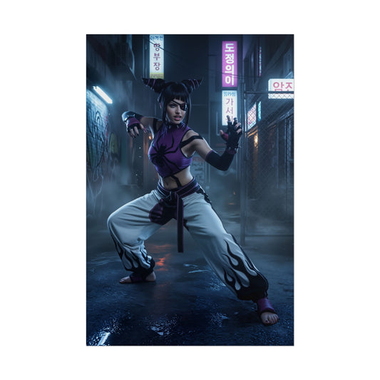 Han Juri Poster, Street Fighter Art Print – Iconic Fighting Game Heroine in neon city alley, dynamic pose, ultra-high resolution wall art