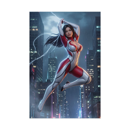Spider-Woman Poster, Marvel Wall Art Print – Heroine Decor featuring dynamic heroine swinging over a rainy neon cityscape