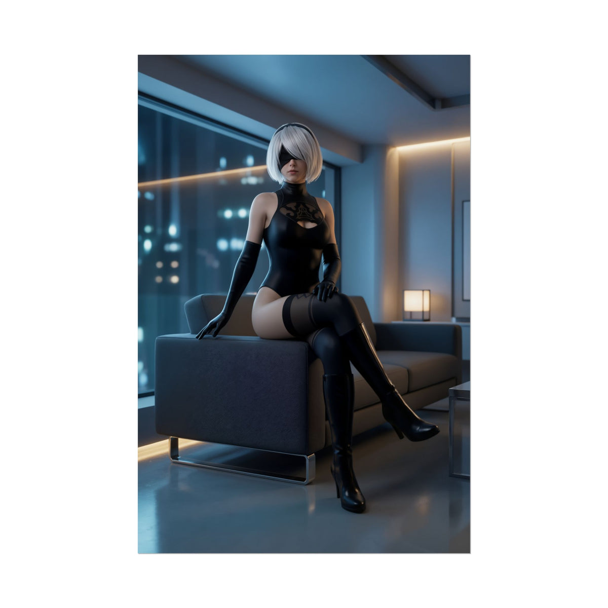 Alt Tag: 2B Poster, NieR:Automata Art Print  Iconic Android Heroine seated in modern gaming room, elegant powerful 2B wall art