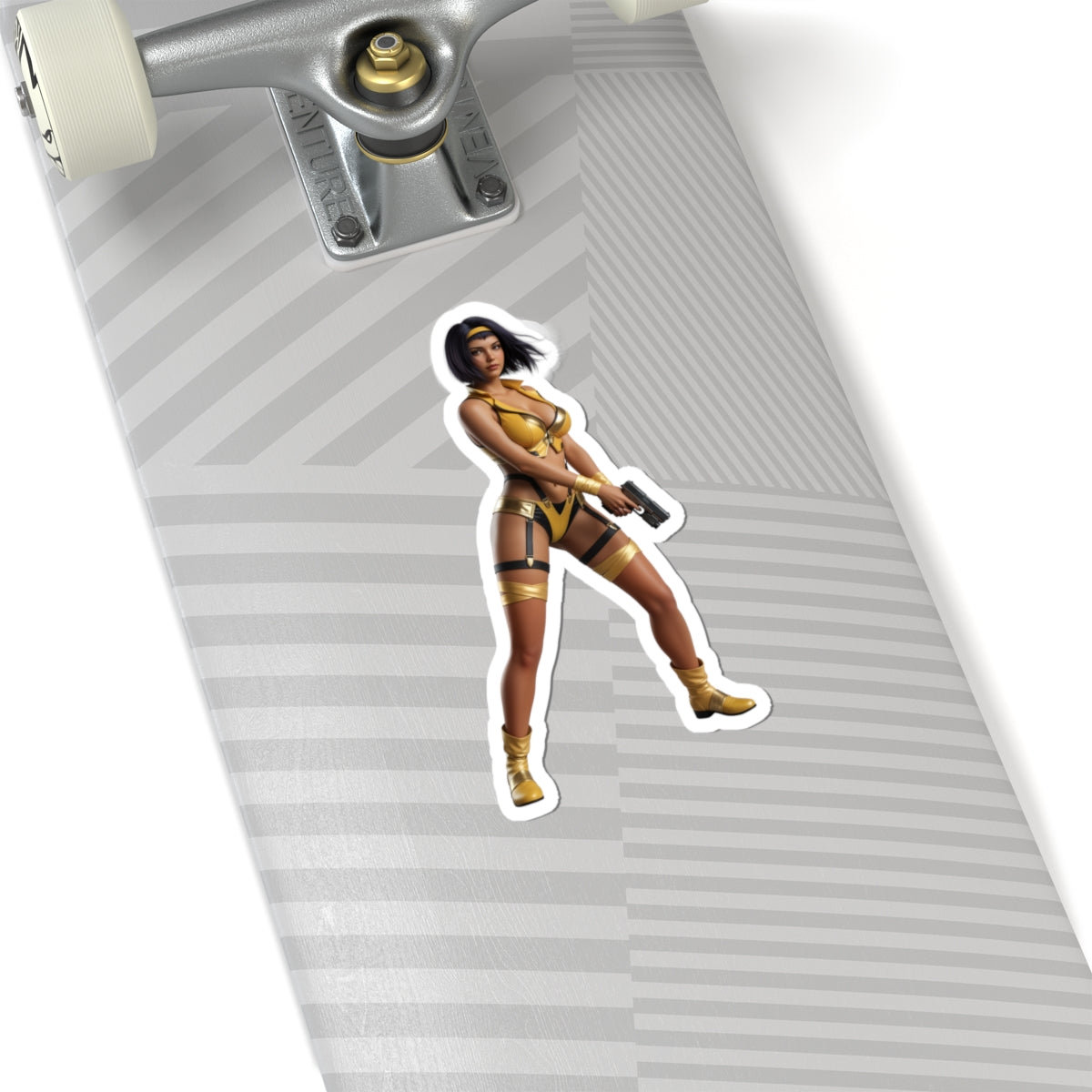 Faye Valentine Sticker – Anime Vinyl Sticker for Laptops & Indoor Decor on skateboard showing glossy durable vinyl, vibrant colors, bubble-free application