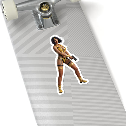 Faye Valentine Sticker – Anime Vinyl Sticker for Laptops & Indoor Decor on skateboard showing glossy durable vinyl, vibrant colors, bubble-free application