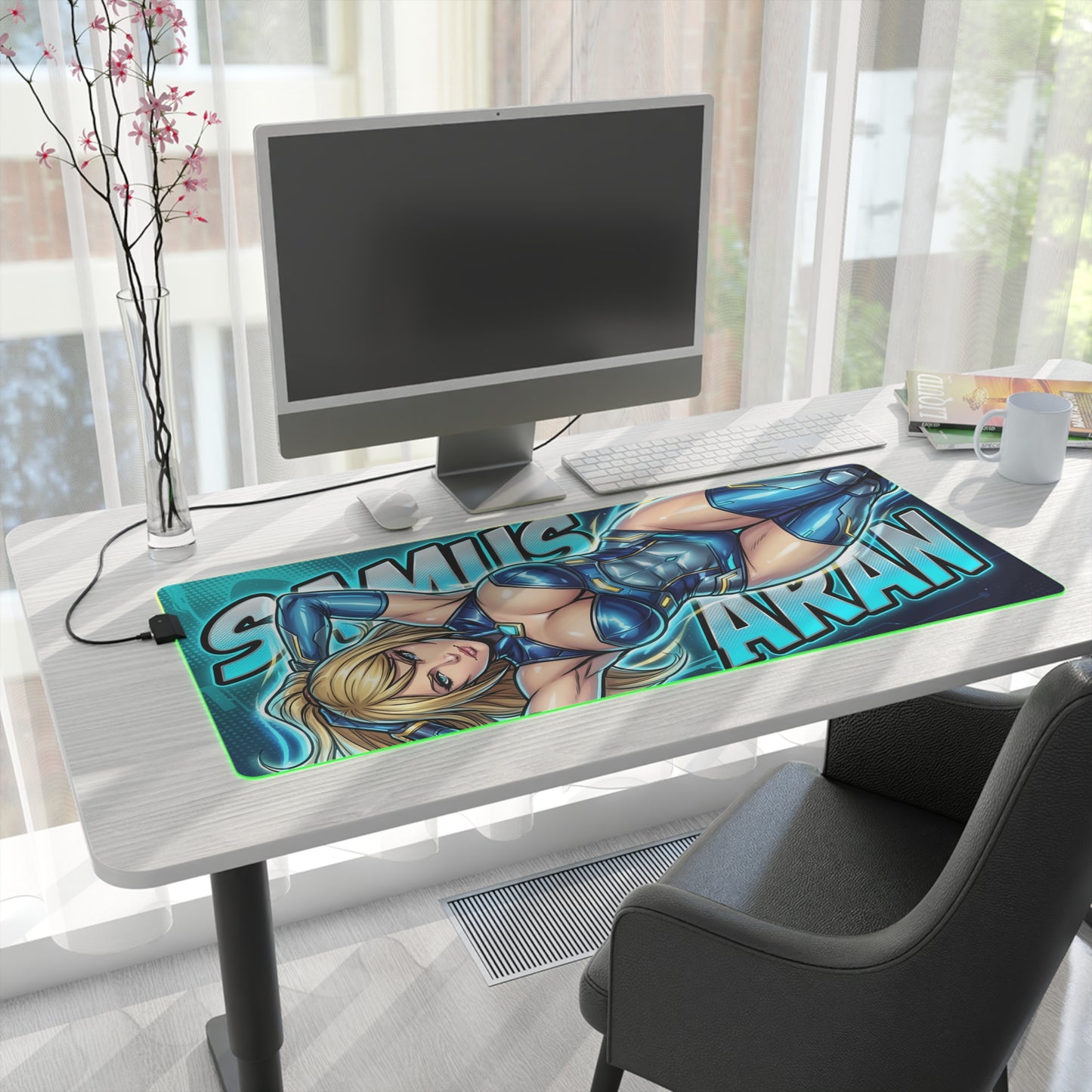 Samus Aran RGB Desk Mat, Sci-Fi Action Gaming Mouse Pad, LED Desk Mat for Gamer Setup — large RGB mouse pad with Samus artwork and non-slip base