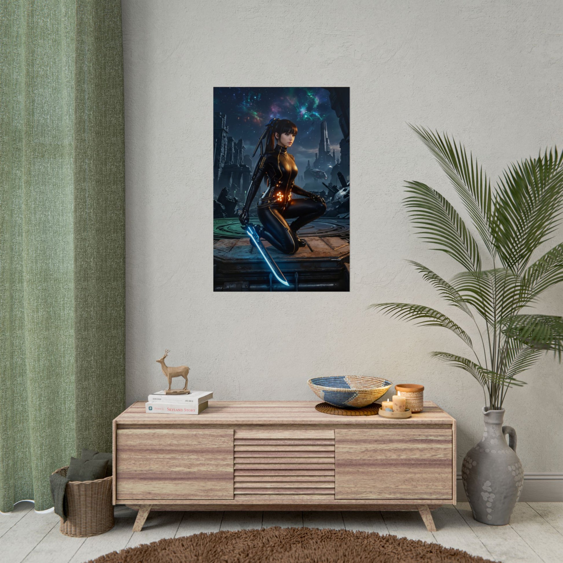 EVE Poster, Stellar Blade Print, Iconic Sci-Fi Warrior Art centered on a sleek warrior with glowing blade, perfect gaming room centerpiece