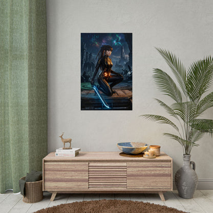 EVE Poster, Stellar Blade Print, Iconic Sci-Fi Warrior Art centered on a sleek warrior with glowing blade, perfect gaming room centerpiece