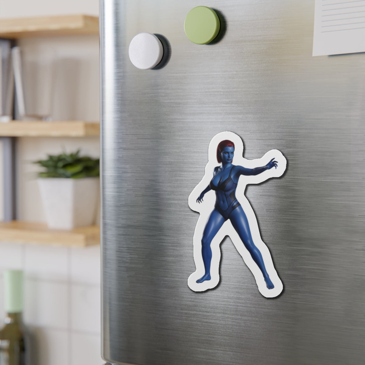 Mystique Magnet – Marvel Mutant Fridge Magnet, Anime Style Decor - die-cut vinyl fridge magnet featuring Mystique anime-style artwork