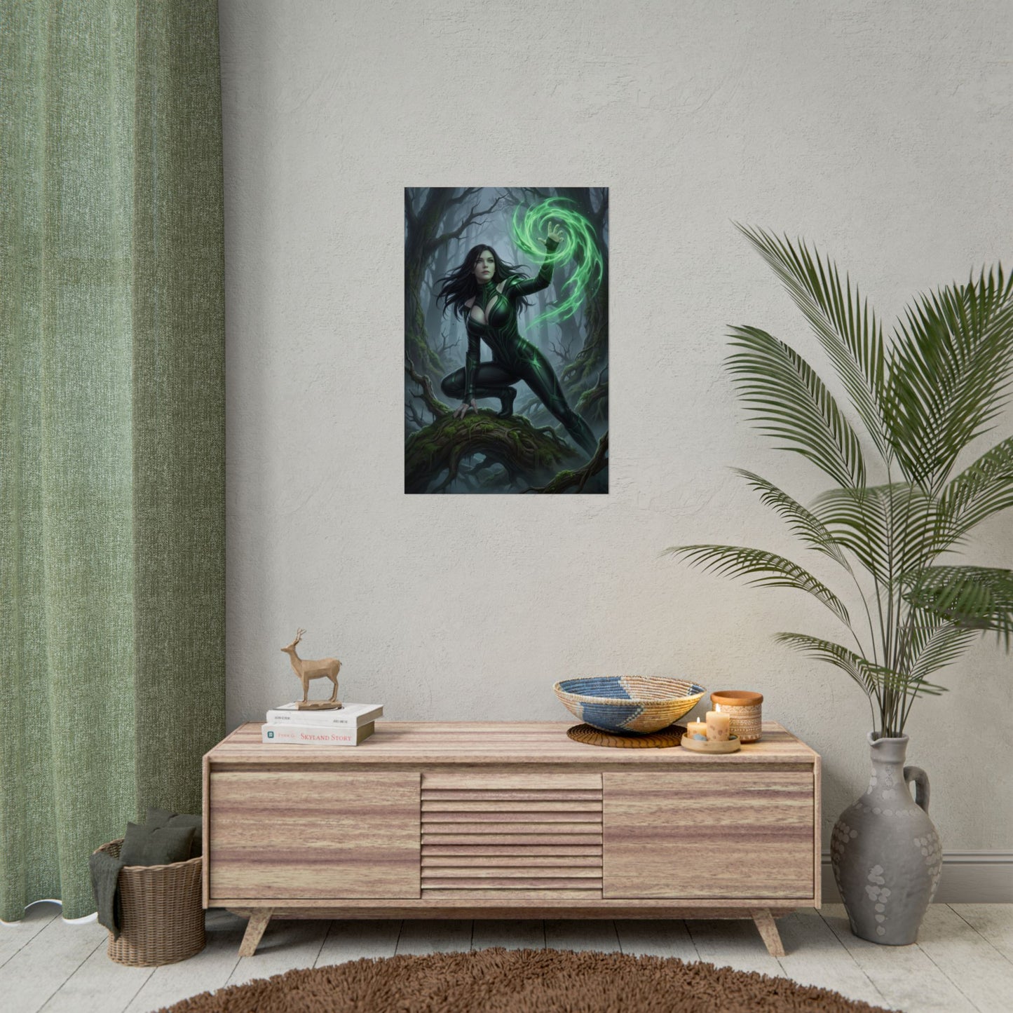 Hela Poster, Marvel Wall Art Print – Dark Fantasy Decor hung above console in a gamer/media room with dark fantasy villain art