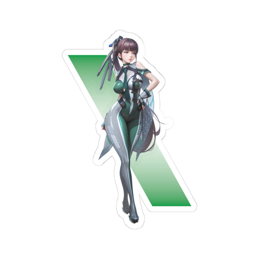 Eve Stellar Blade Sticker – Futuristic Heroine Vinyl Sticker for Laptops & Decor: glossy durable vinyl decal of futuristic heroine in green suit on laptop-ready backing