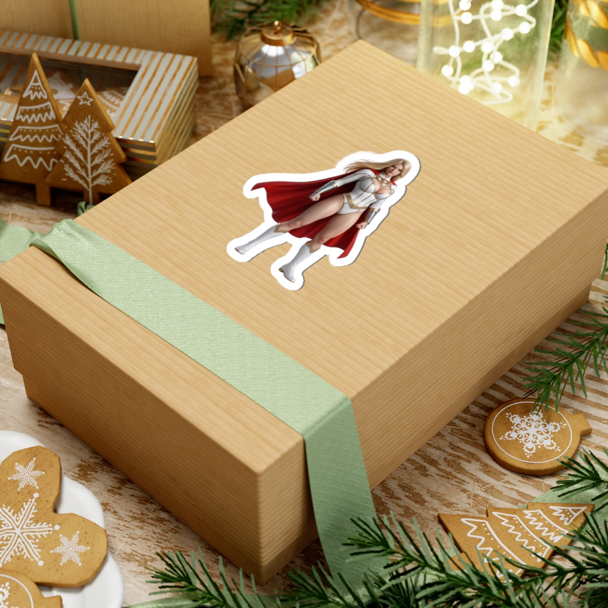 Power Girl Sticker – Comic Heroine Vinyl Sticker for Laptops & Indoor Decor on gift box, glossy vibrant vinyl, easy bubble-free application