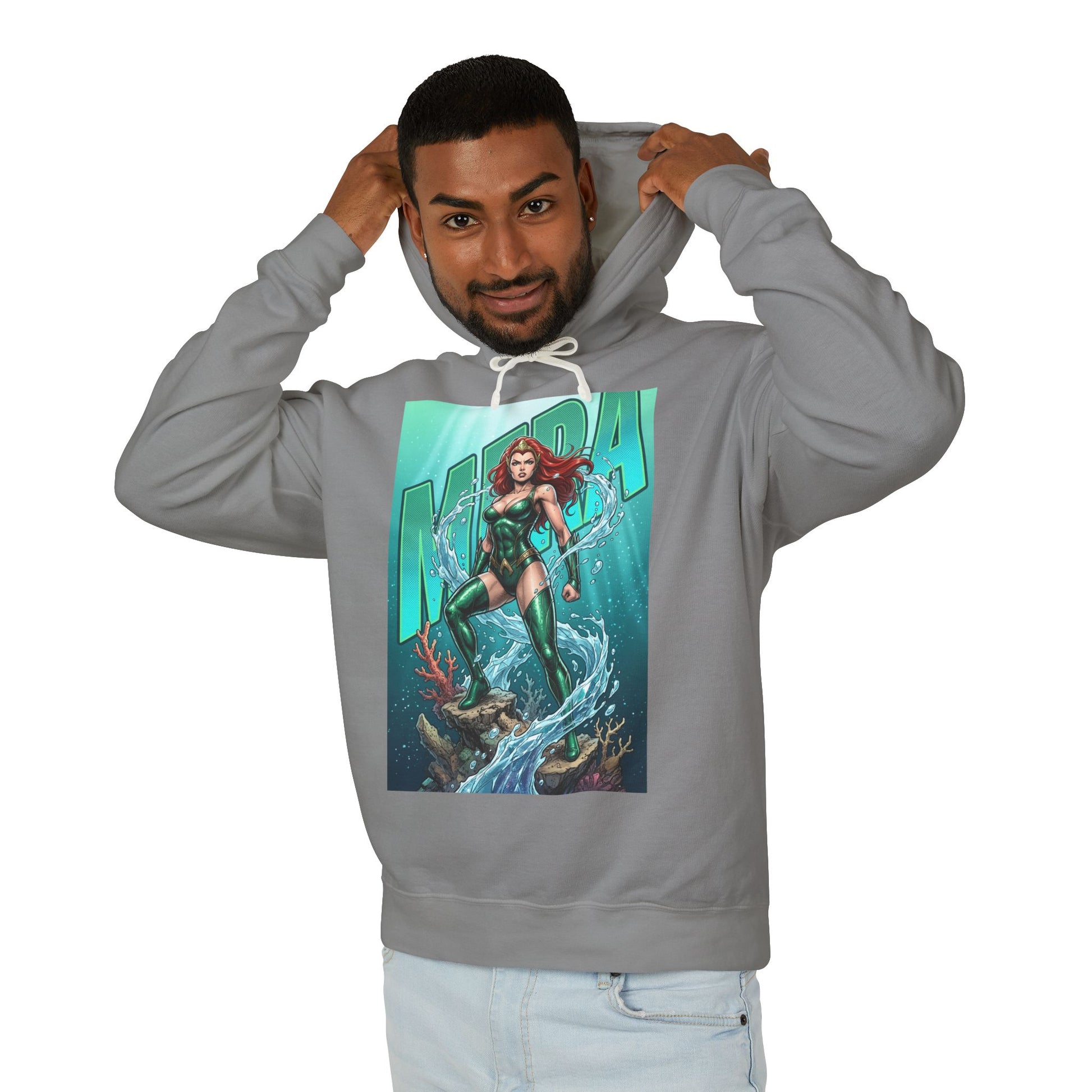 Mera Hoodie | DC Superhero Hoodie | Ocean-Born Warrior Pullover - gray pullover showing Mera graphic, relaxed fit, lightweight 100% ring-spun cotton
