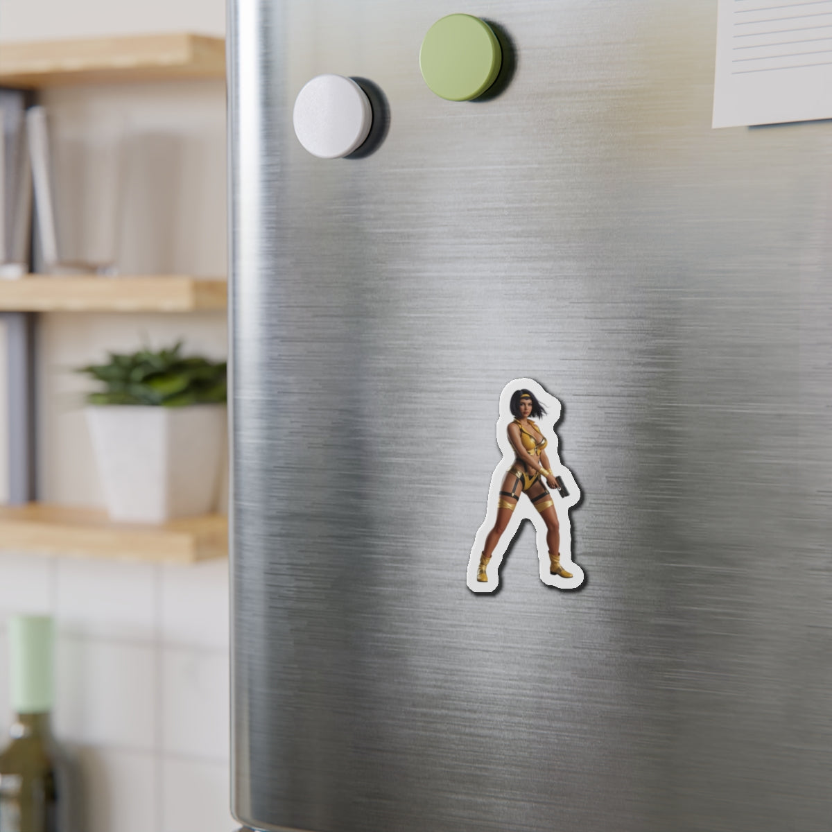 Faye Valentine Magnet – Cowboy Bebop Anime Heroine Fridge Magnet, Decor on stainless steel fridge showing die-cut vinyl magnet of Faye Valentine