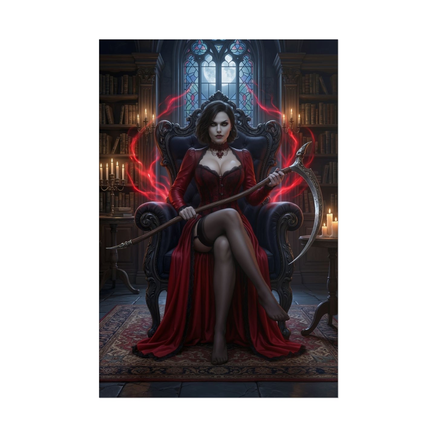 Lady Dimitrescu Poster / Lady Dimitrescu Wall Art / Lady Dimitrescu Art Print / Resident Evil Poster – gothic vampire matriarch seated with scythe in candlelit library