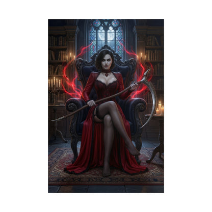 Lady Dimitrescu Poster / Lady Dimitrescu Wall Art / Lady Dimitrescu Art Print / Resident Evil Poster – gothic vampire matriarch seated with scythe in candlelit library