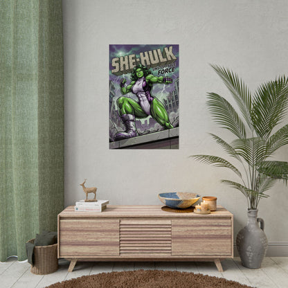 She-Hulk Poster / She-Hulk Wall Art / She-Hulk Art Print / Marvel Poster — dynamic comic-style She-Hulk mid-strike over shattered cityscape