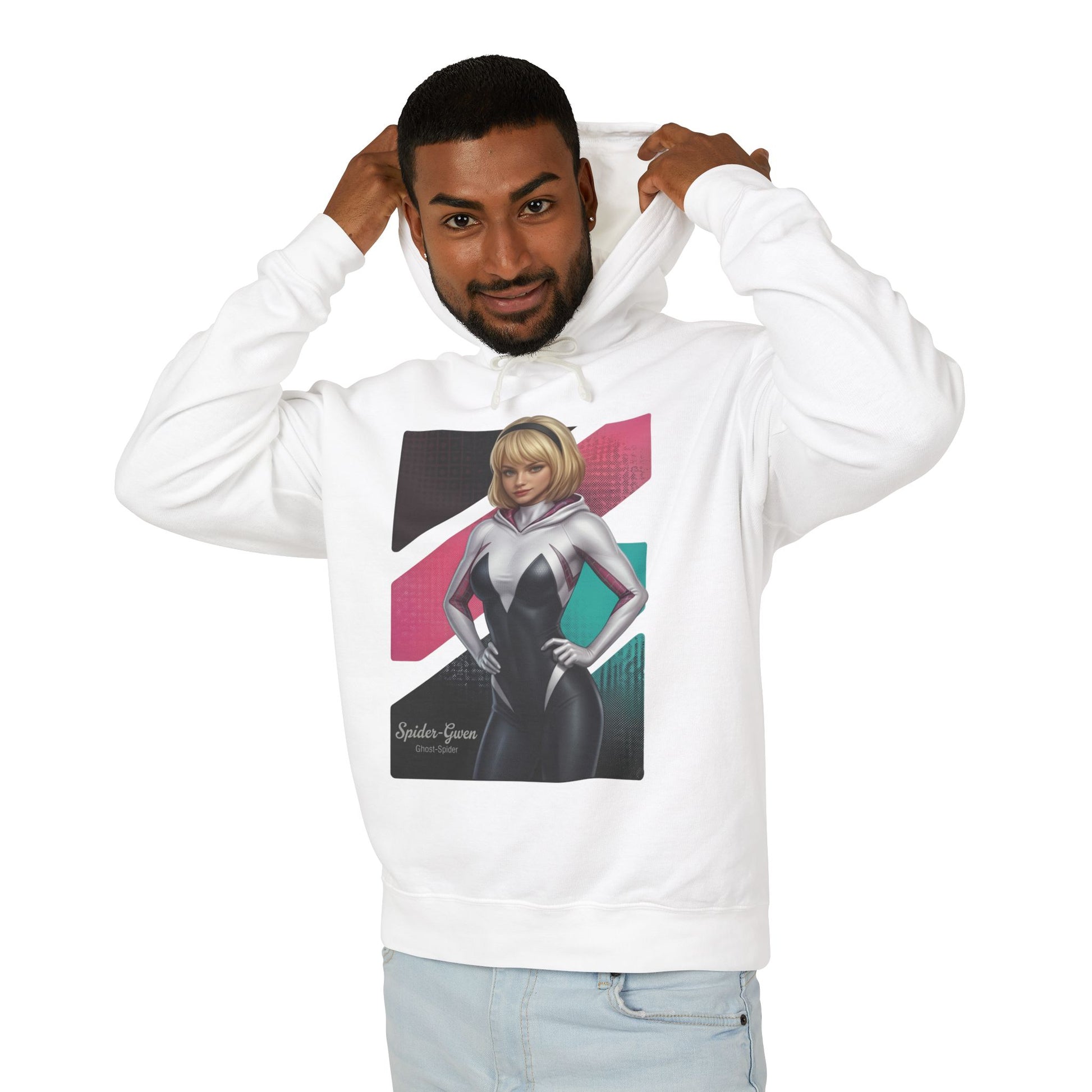 Spider-Gwen Hoodie | Marvel Comics Hoodie | Anime Spider Heroine Pullover — white pullover with anime Spider-Gwen graphic on front