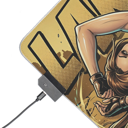 Lara Croft RGB Desk Mat, Adventure Game Gaming Mouse Pad, LED Desk Mat for Gamer Setup — corner of illustrated RGB LED mouse pad with USB controller and explorer artwork