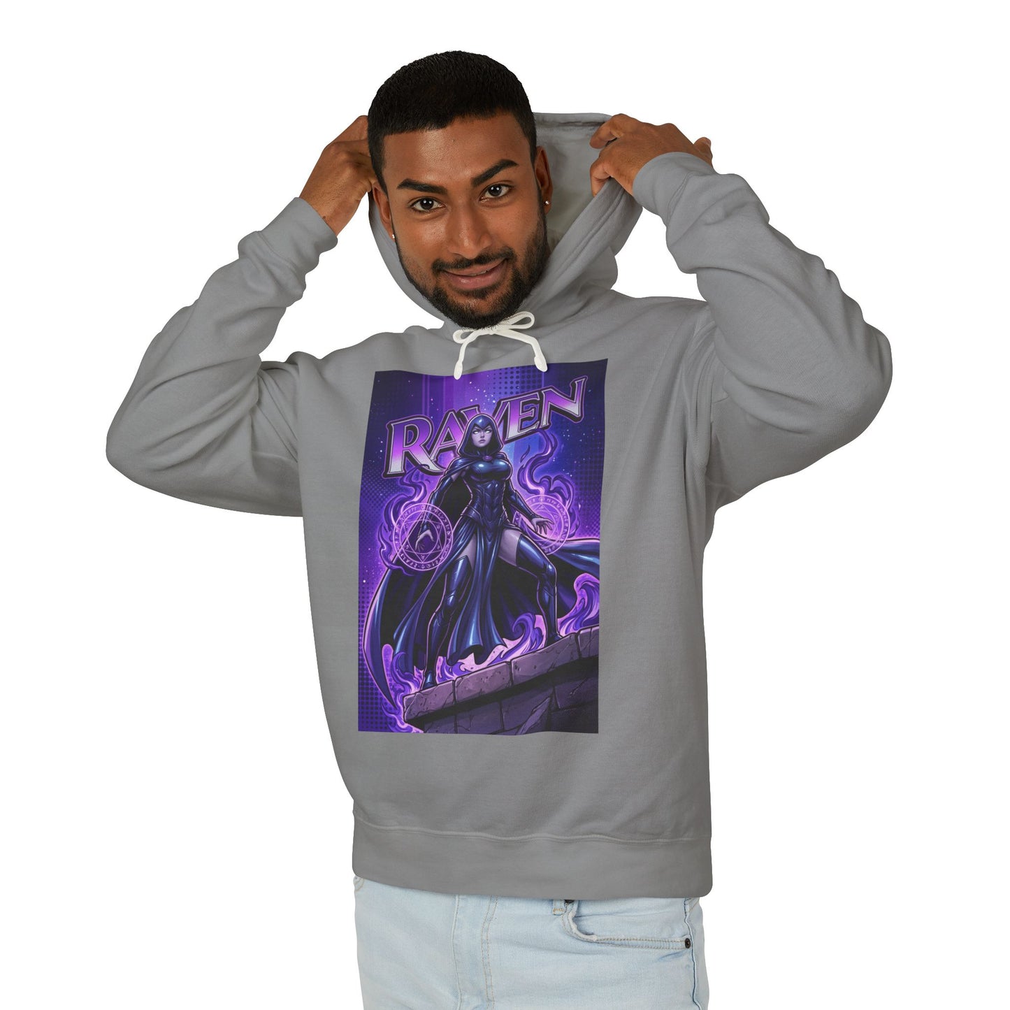 Raven Hoodie | DC Superhero Hoodie | Dark Magic Empress Pullover - gray pullover showing Raven artwork on model
