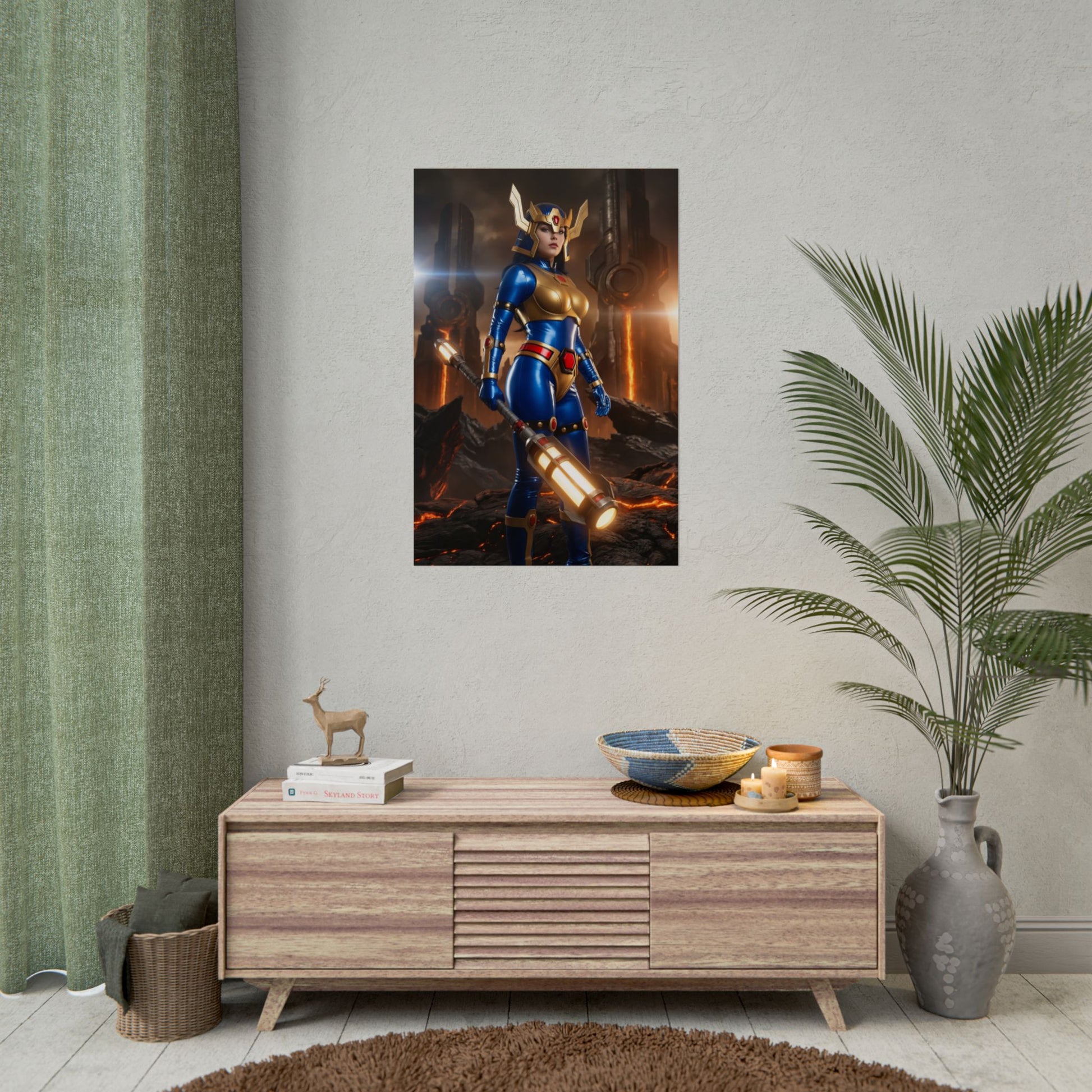 Big Barda Poster, DC Comics Art Print – Iconic Warrior Heroine Wall Art — bold framed Big Barda hero poster in modern living room decor