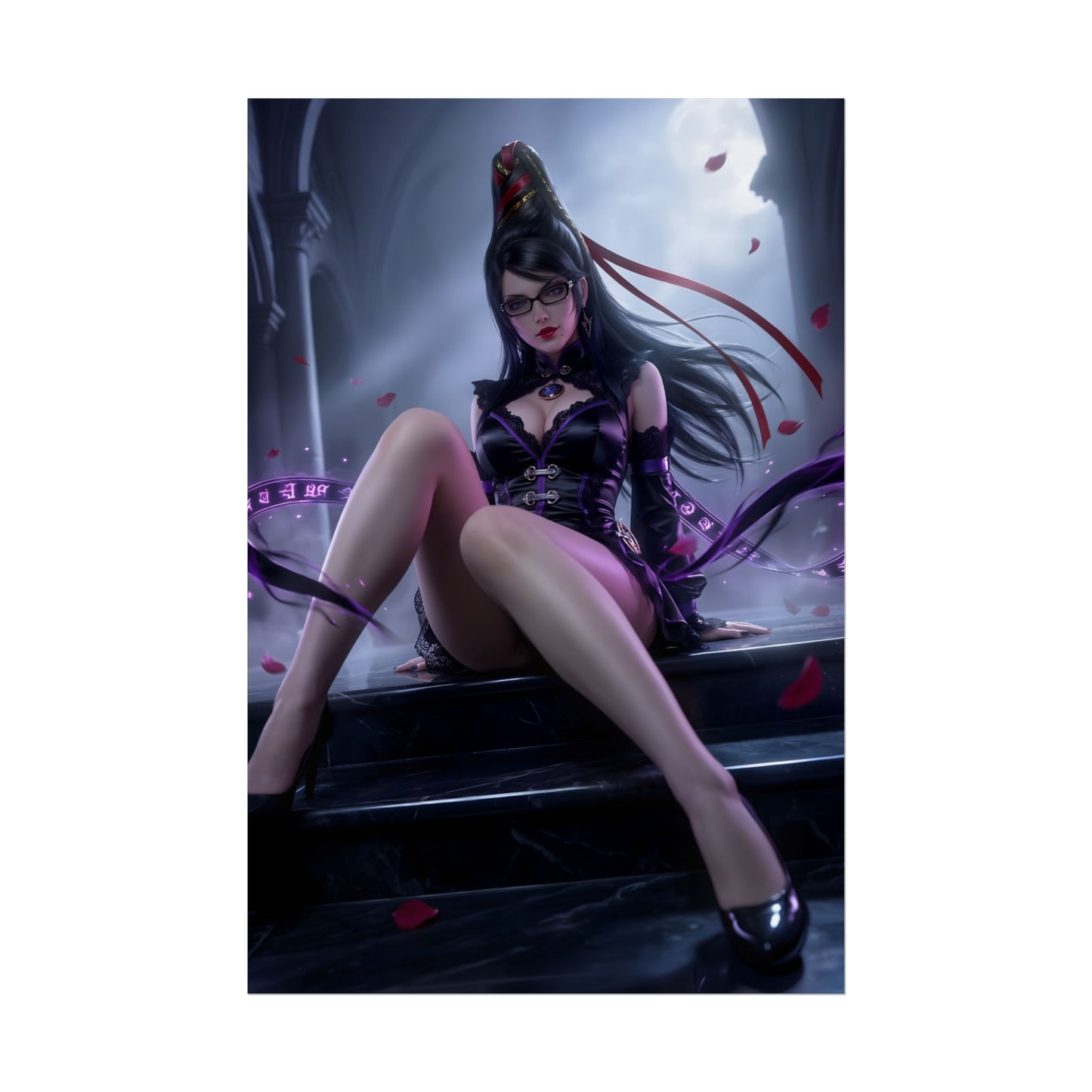 Bayonetta Poster / Bayonetta Wall Art / Bayonetta Art Print / Bayonetta Game Poster - dramatic dark fantasy Bayonetta seated with flowing motion