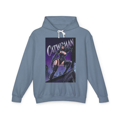 Catwoman Hoodie | DC Anti-Hero Hoodie | Gotham Thief Pullover - women's slate blue pullover with Catwoman rooftop graphic, soft 100% ring-spun cotton
