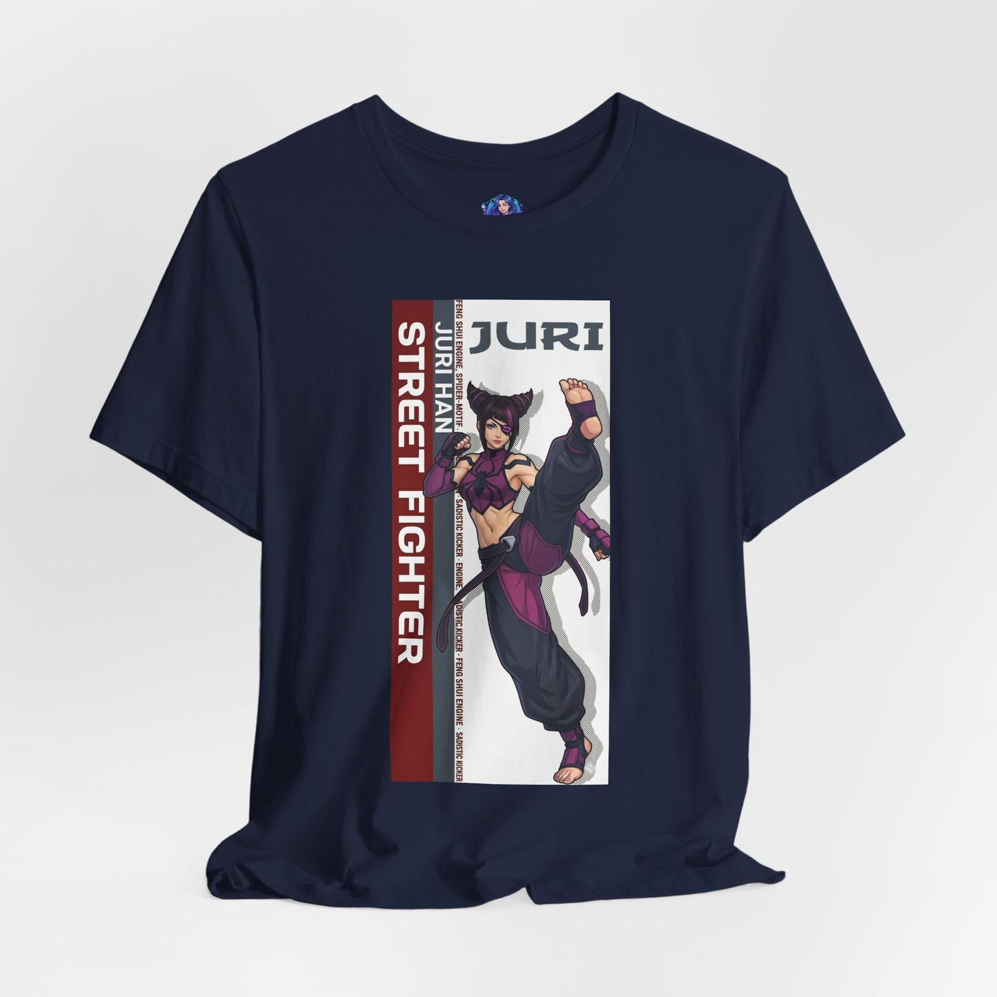 Juri Han T-Shirt | Street Fighter Anime Tee for Gamers & Fighting Game Fans - navy Bella Canvas tee showing Juri kick art